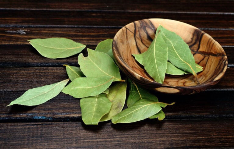 Bay leaves in a wooden bowl